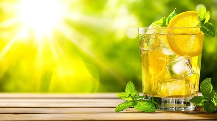 A glass of lemonade with ice cubes and a sprig of mint on a wooden table