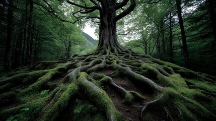 dim wet woodland floor tangled in roots