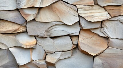 Fototapeta premium Close-up view of a wall constructed from irregularly shaped, light beige and tan stones. The stones exhibit various textures and patterns