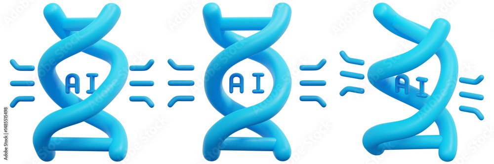 Poster set of abstract 3d rendering of blue dna strands with ai integration 3d render icon illustration