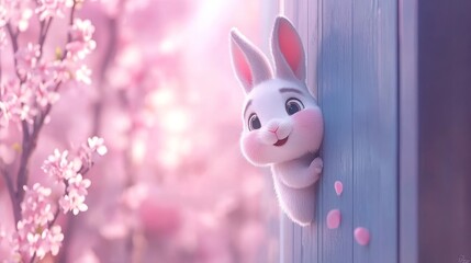 Obraz premium The artwork 'Bunny Rabbit Peeks Out - Blue Frame with Pink & Purple Paint Splatters' is a unique piece