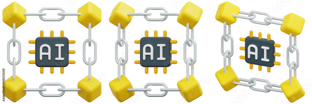 Poster set of ai microchip secured by blockchain: 3d render of yellow cubes and chains 3d render icon illus