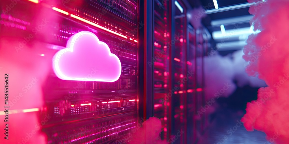 Poster neon pink cloud symbol over rows of server racks in a data center