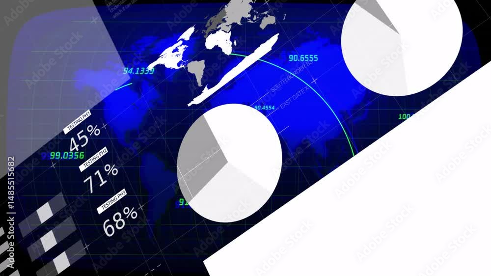 Poster futuristic flat dashboard visualizing global map center stage, showing pie charts and numeric arcs
