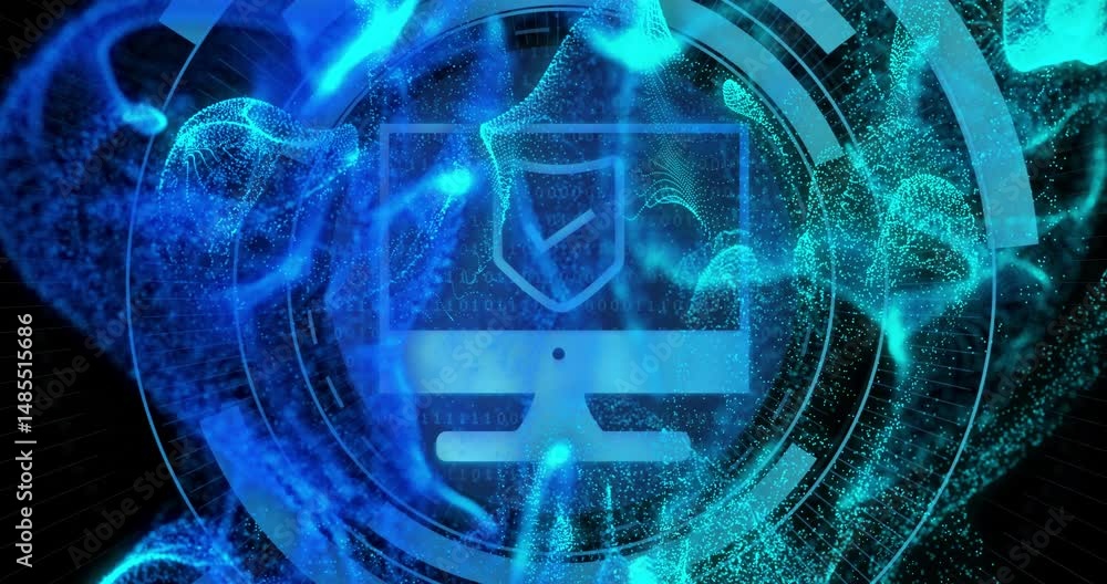 Poster monitor icon displaying shield emblem floating in scene, with swirling data and holographic rings