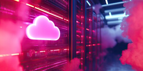 Neon pink cloud symbol over rows of server racks in a data center