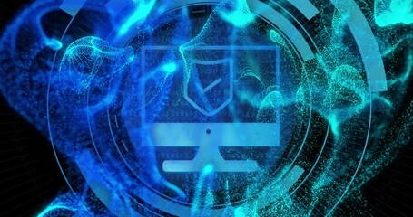 Monitor icon displaying shield emblem floating in scene, with swirling data and holographic rings - Powered by Adobe