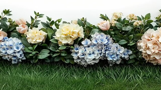 Colorful hydrangeas and tulips arranged on grass against a white background