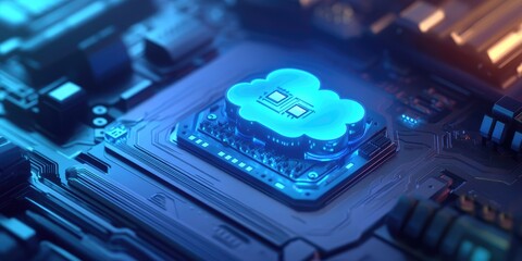 Close-up of a glowing cloud icon on a circuit board