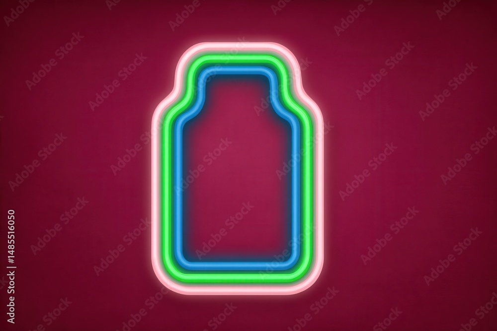 Poster bright neon glowing outline of a bottle shape against a textured maroon backdrop highlighting modern