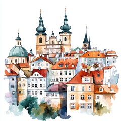 Obraz premium Watercolor Cityscape Red Rooftops and Church Domes