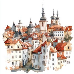 Fototapeta premium Watercolor Cityscape Red and Brown Rooftops, Church Spires