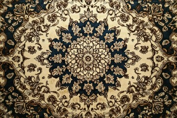 intricate symmetrical floral pattern in beige, navy blue, and brown on textured fabric with ornate detailing