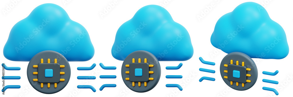 Poster set of blue clouds with microchips and data transfer streams 3d render icon illustration