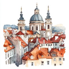 Fototapeta premium Watercolor European Cityscape with Red Rooftops and Domed Church