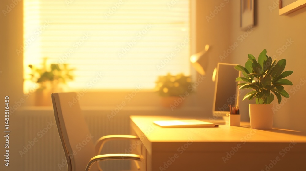Poster a computer desk with a white chair and a computer monitor