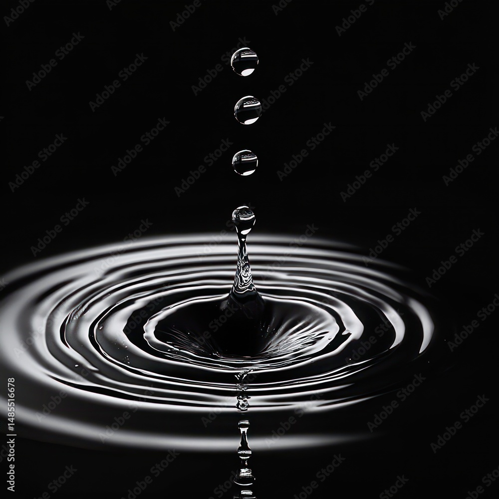 Poster close-up of water droplets falling into a dark pool creating concentric ripples and splash with smoo