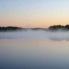 Fototapeta premium Serene Lake at Sunrise with Fog and Pastel Sky