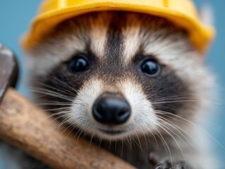 A raccoon wearing a yellow hard hat holding a hammer