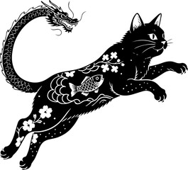 Fototapeta premium Vector Illustration of a Tattooed Cat with Japanese Oriental Motif – Old School Black and White Style