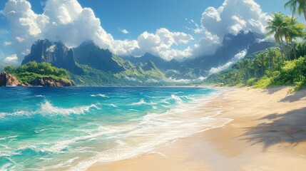 Tropical paradise beach scene. Lush, vibrant scenery with turquoise water, white sand, and towering mountains