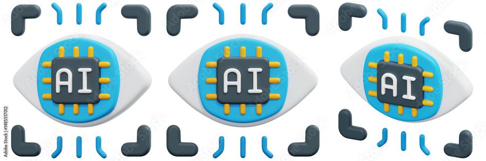 Poster set of stylized eyes with ai microchips, surrounded by abstract digital elements 3d render icon illu