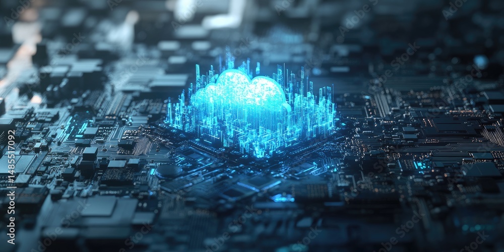 Poster abstract image of a digital cloud atop a complex circuit board