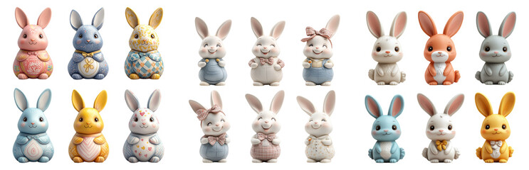Fototapeta premium Cute Colorful Bunny Figures Isolated on Transparent Background