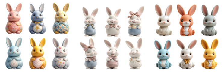 Cute Colorful Bunny Figures Isolated on Transparent Background