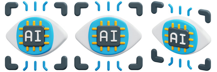 Set of stylized eyes with AI microchips, surrounded by abstract digital elements 3d Render Icon Illustration
