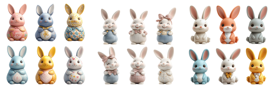 Cute Colorful Bunny Figures Isolated on Transparent Background