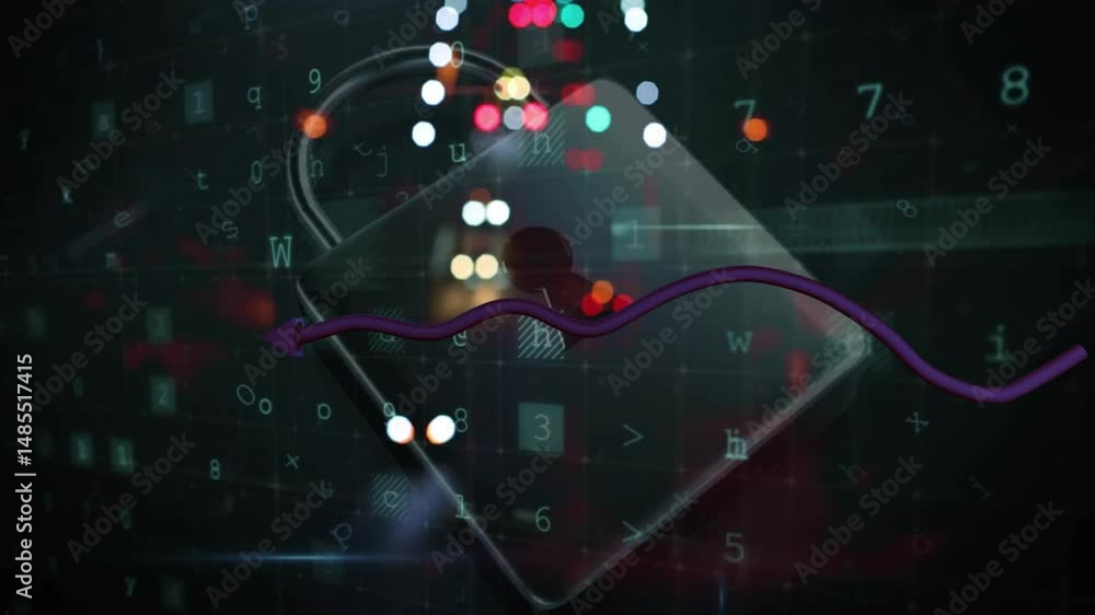 Poster 3d semi-transparent padlock icon floating in dark grid matrix, purple arrow weaving through code