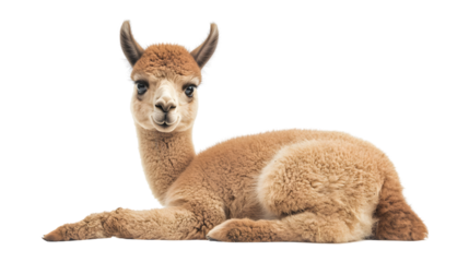 Young Alpaca Sitting on Ground Looking Forward Isolated