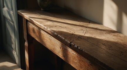 Aged wooden console table in sunlit room