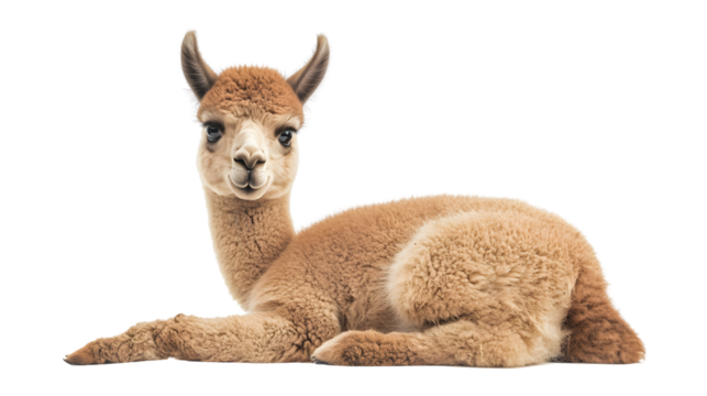 Young Alpaca Sitting on Ground Looking Forward Isolated