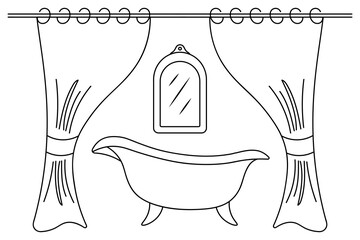 Bathroom. Sketch. Bath, mirror and double waterproof curtain. Sketch. Vector illustration. Outline on isolated white background. Doodle style. Coloring for children. Idea for web design.
