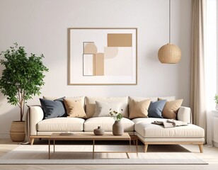Wooden Frame on a Living Room Wall with Soft Lighting, A minimalist frame displaying Art