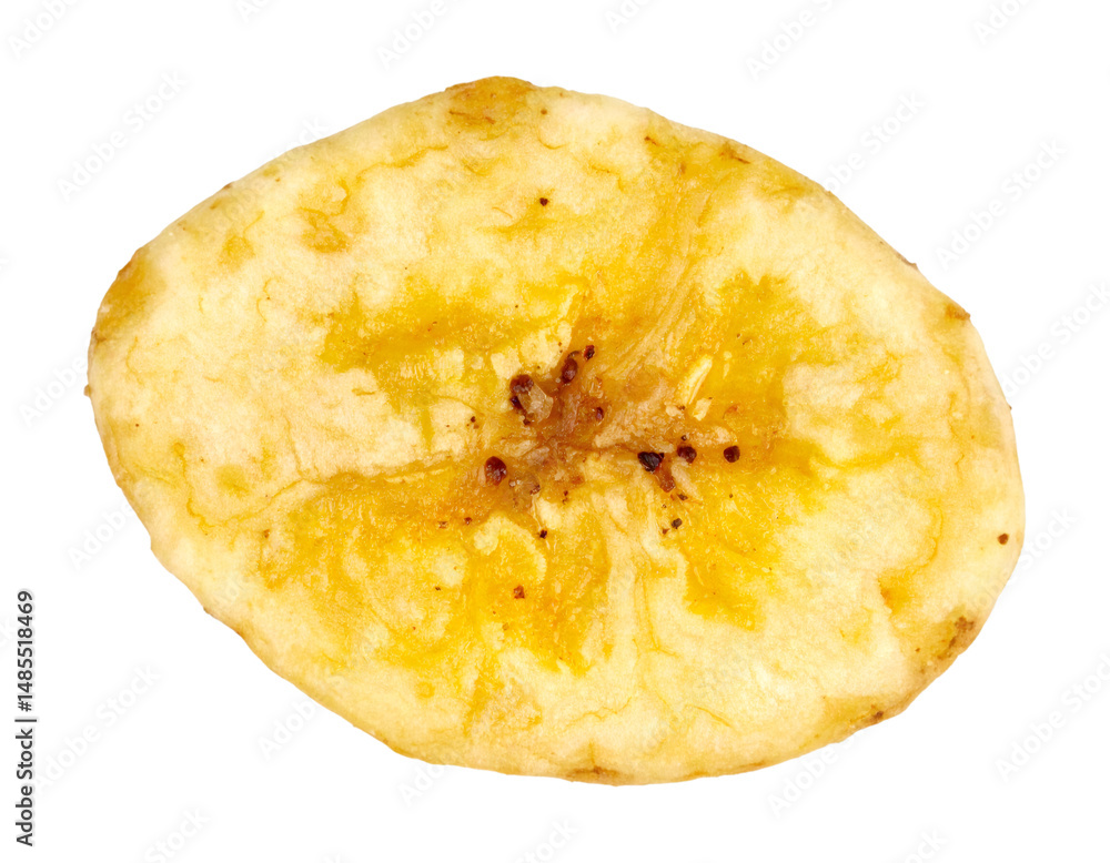 Poster single slice of dried banana chip isolated on transparent background
