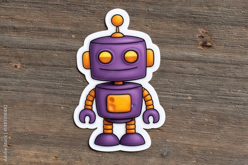 Poster playful purple robot character with expressive eyes and charming design showcasing a unique blend of