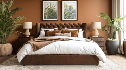 Elegant bedroom interior with earthy tones featuring leather bed and indoor plants