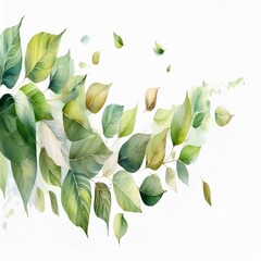 Watercolor Painting of Green Leaves Branch Floating Gently in the Breeze Botanical Illustration