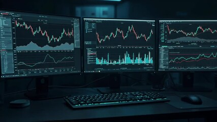 Multiple monitors display dynamic stock market charts and financial data on a trading desk in a dark office, representing high-frequency trading and investment analysis for fintech - Powered by Adobe