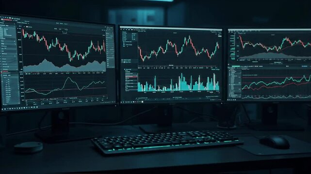 Multiple monitors display dynamic stock market charts and financial data on a trading desk in a dark office, representing high-frequency trading and investment analysis for fintech - Powered by Adobe