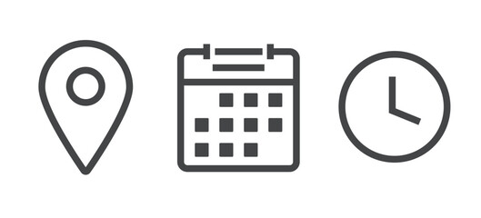 Calendar time icon vector line stroke, map pin pointer as meeting address place pointer location graphic sign symbol pictogram, clock watch thin linear outline web ui interface element image
