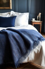 Cozy bedroom setup with blue accents