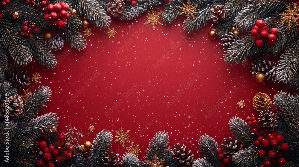 Poster a red background with a frame of evergreen branches and berries
