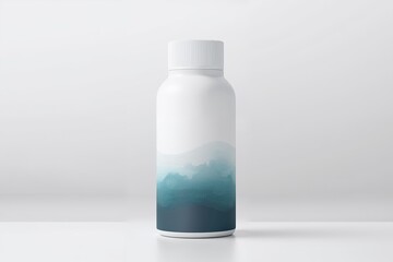 Minimalist white bottle with mountain-themed blue wave design on plain background
