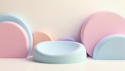 Stage for product presentation. Colorful display with a podium of various abstract shapes and sizes.