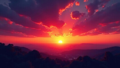 Obraz premium Fiery orange and pink hues paint the sky as the sun dips below the horizon , sunset, dawn, nightfall
