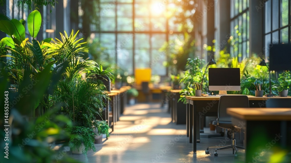 Poster a large open office space with lots of plants and a computer monitor on a desk